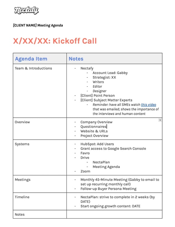 Building client relationships remotely: Set clear expectations about our working relationship from the beginning. Kickoff call agenda